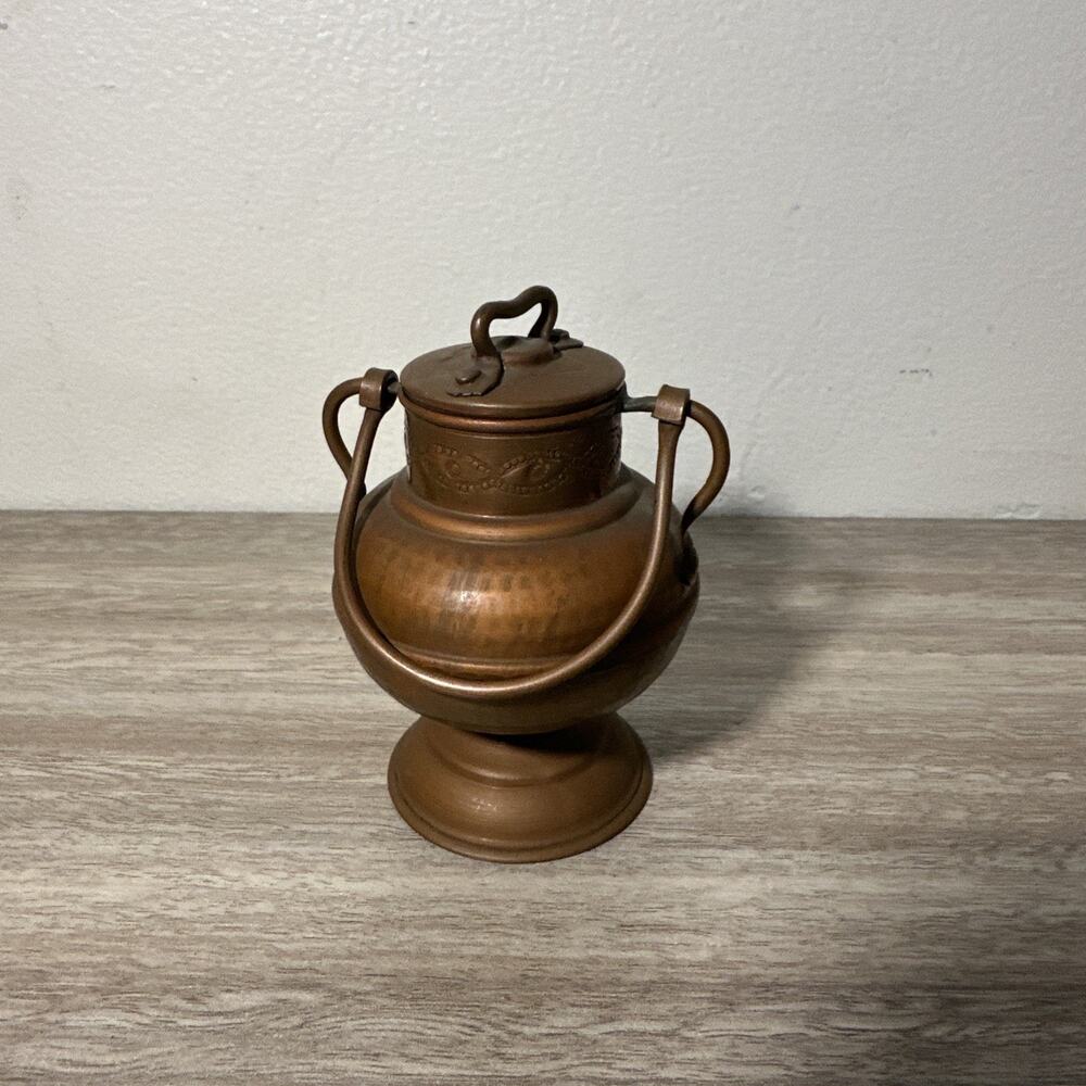 Vintage Mini Hammer Copper Urn Vase With Lid & Swing Handles 3.5" Decorative